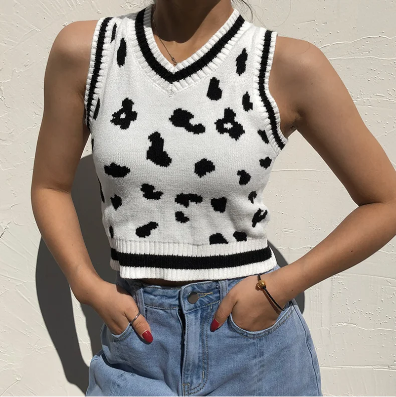 

2020 fall hot sale girls knit vest sweater top casual sleeveless animal pattern short top women knitted sweater top, Solid