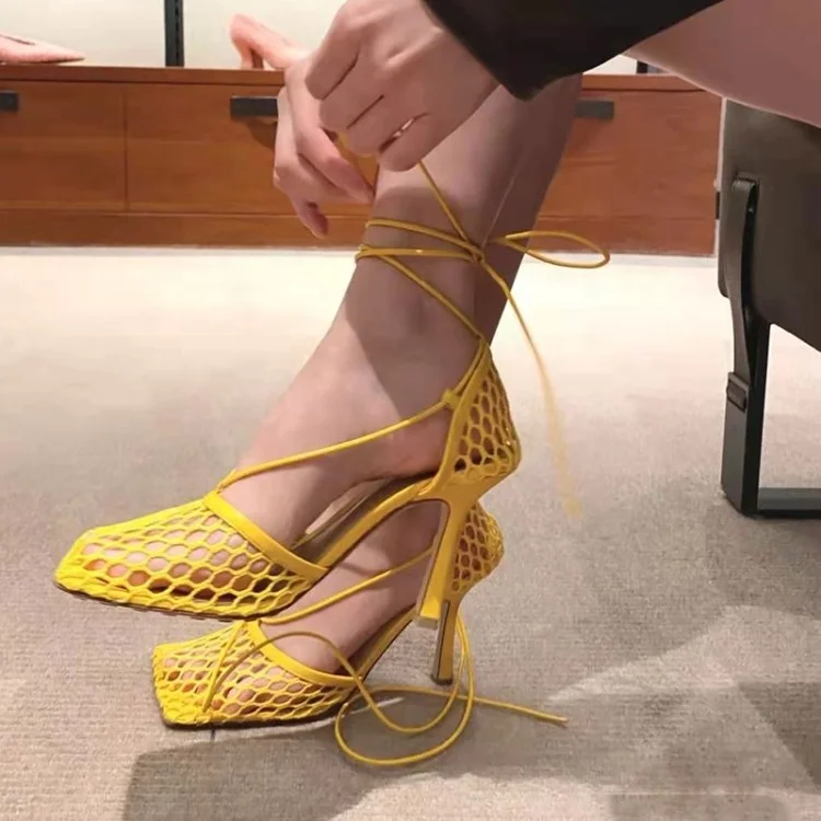 

Sexy Fishnet Upper Breathable Summer Women Sandals Stiletto High Heel Square Toe Lace Up Luxury Heels Party Dress Shoes, Black,beige,white,yellow,red