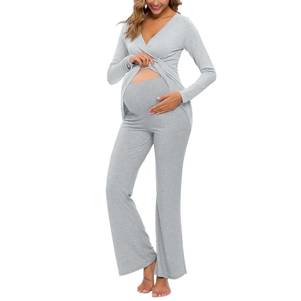 

2021 Custom Solid Color Women Pregnant Nursing Clothes Pajamas Splicing Mother V Ne Long Sleeve Pants Set Maternity Jumpsuit