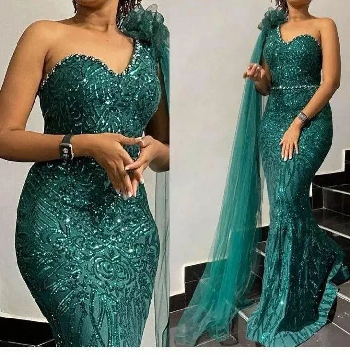 

Green Women's Evening Dresses Women Fashion Blingbling One-shoulder Floor-length Dress With Long Train Shoulder Strap