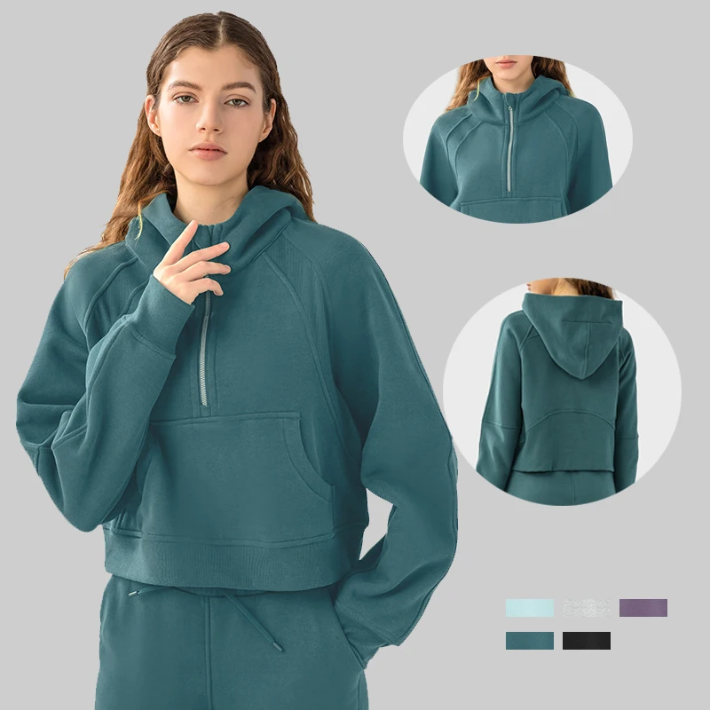 

women's sweatshirts pullover cropped hoodie With Zipper Sports Running pocket Top Training Fitness hoodies with thumb hole