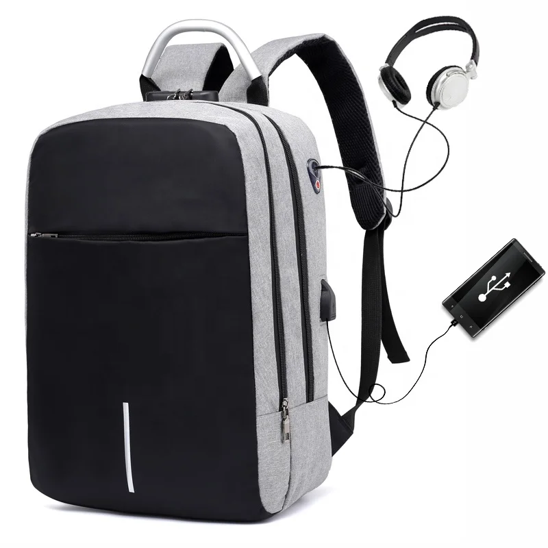 

Outdoor travel Nylon waterproof business laptop smart USB charging anti theft men bag backpack with USB, Black,gray color