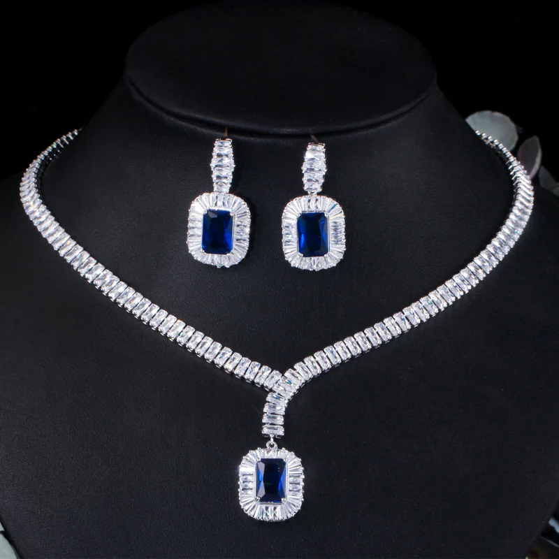 Bling Square Drop Royal Blue Cubic Zirconia Necklace and Earrings Women Party Jewelry Set for Wedding Brides Costume Accessories
