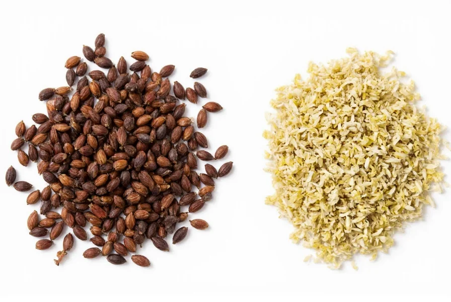 Side-by-side comparison of anise seeds and fennel seeds showing size and color differences