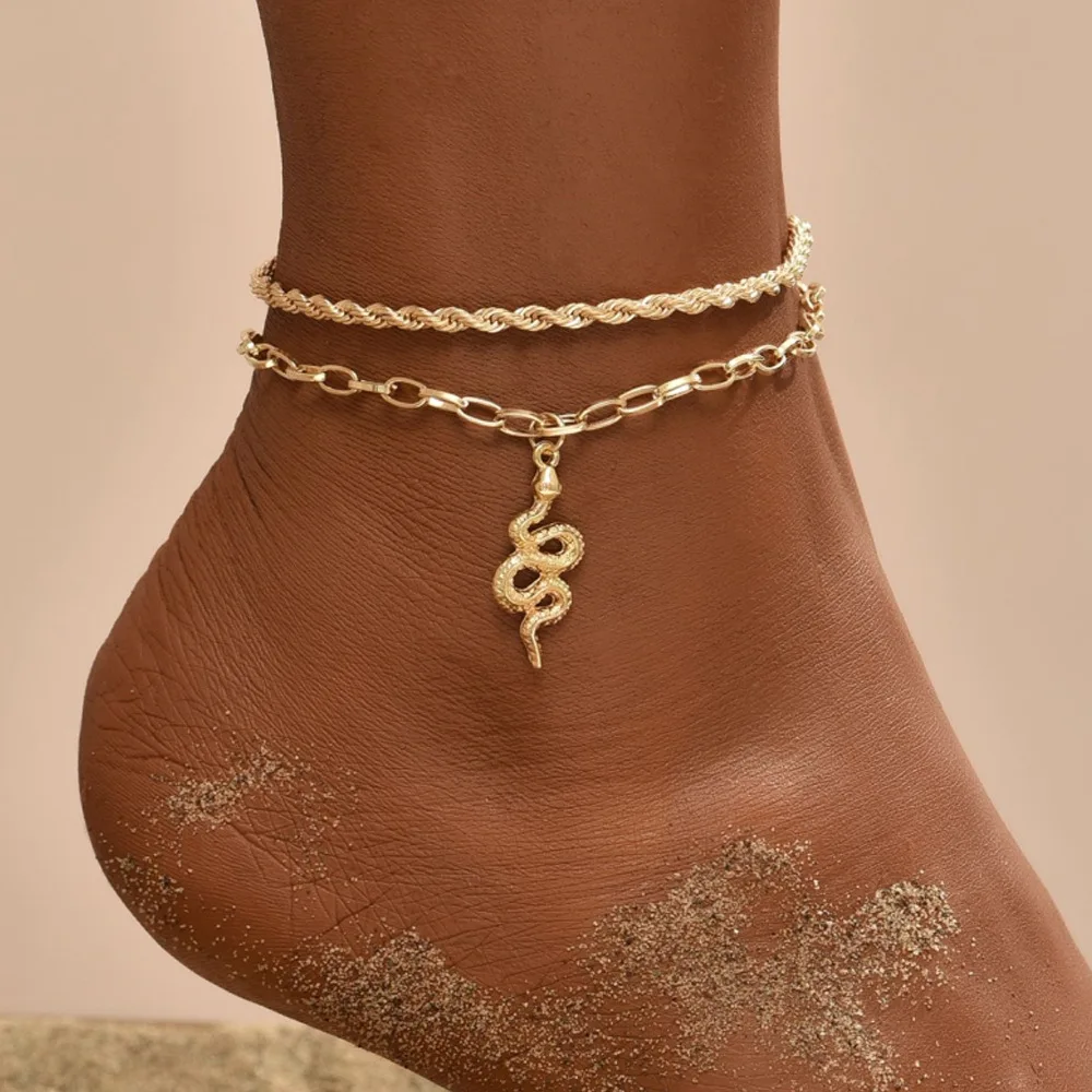 

HOVANCI high end cuban chain anklet 9 waterproof thread 14k gold plated double layer snake anklet set