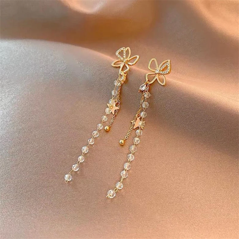 

pendiente popular S925 silver pin butterfly crystal tassel earrings temperament personality stud beaded earrings female jewelry