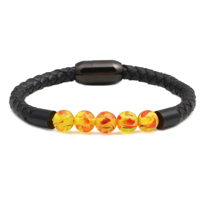 

Amazon Best Selling Amber Natural Stone Bead Leather Bracelet Stainless Steel Magnetic Clasp Genuine Leather Bracelet