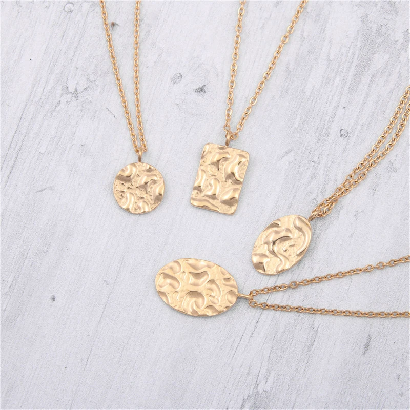 

18K Gold Plated Hammered Texture Round Disc Pendant Necklace Stainless Steel Jewelry Wholesale Tarnish Free