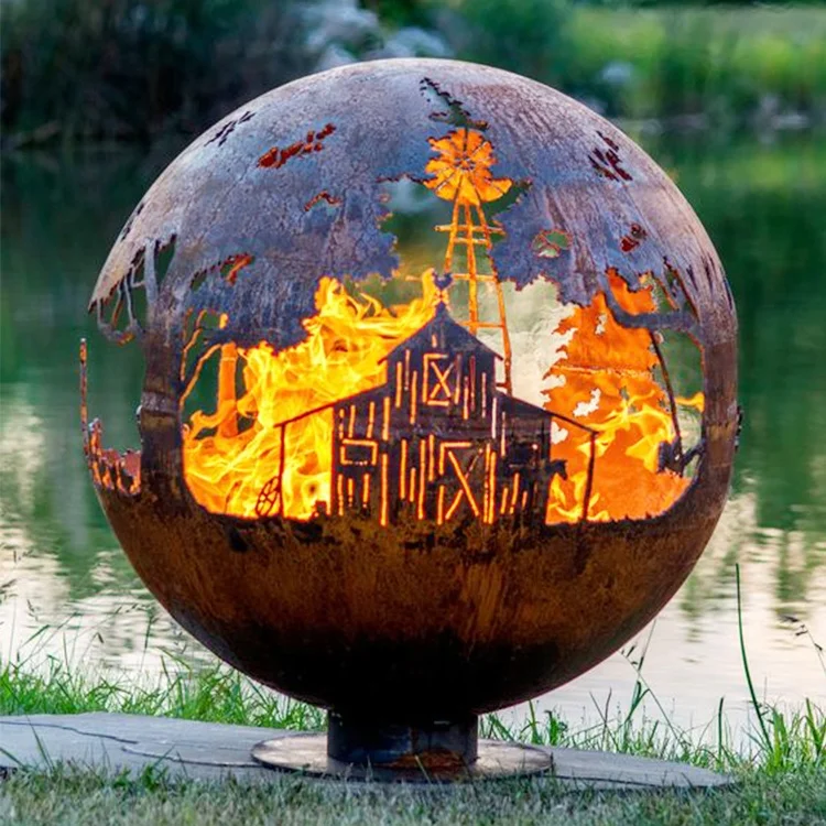 

Outdoor round warming decoration laser cut camping corten steel metal brazier fire pit sphere fire ball, Natural rust