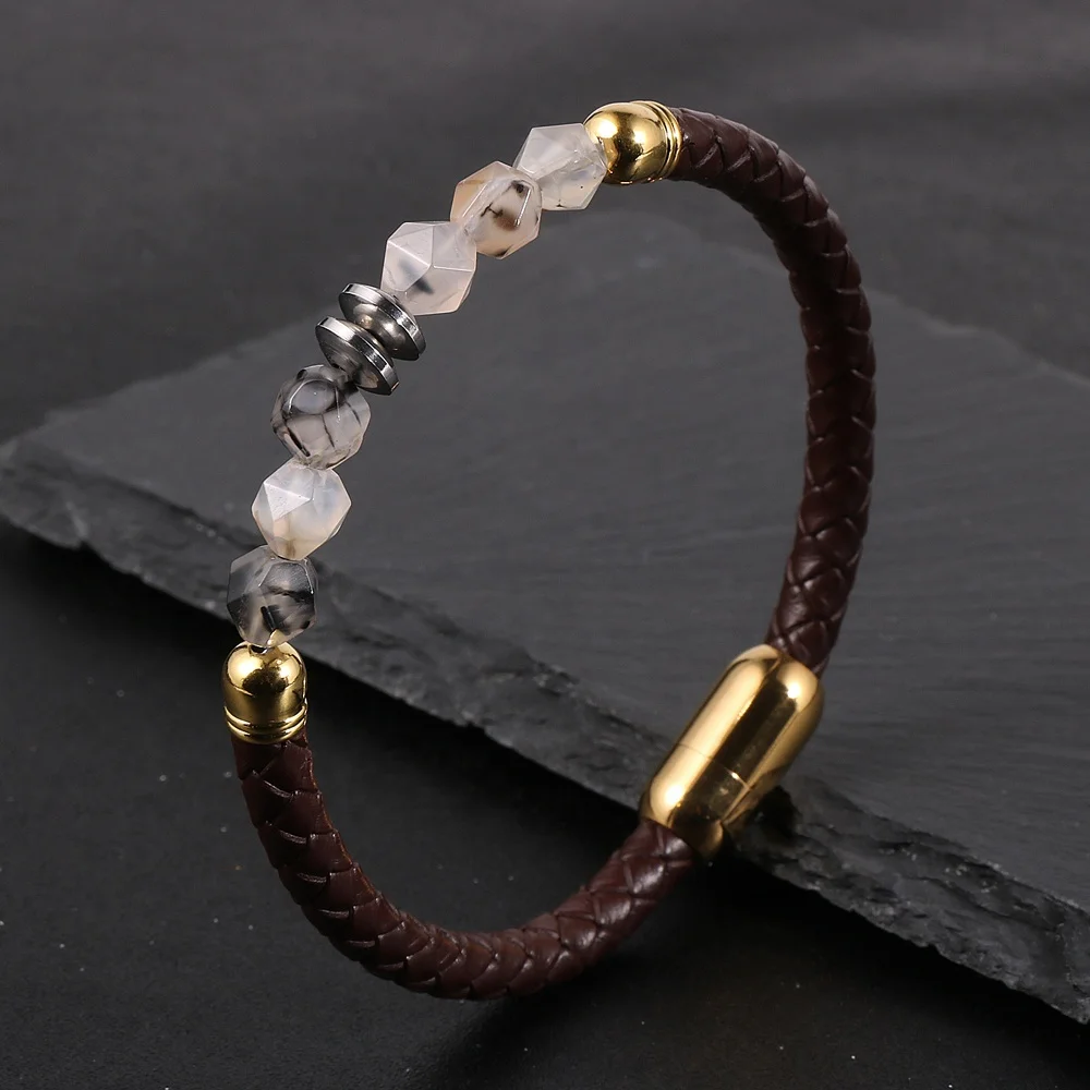 

Nabest Luxury Men Women Jewelry Stainless Steel Buckle Wristband Genuine Leather Natural Stone Faces Tiger Eye Beads Bracelets