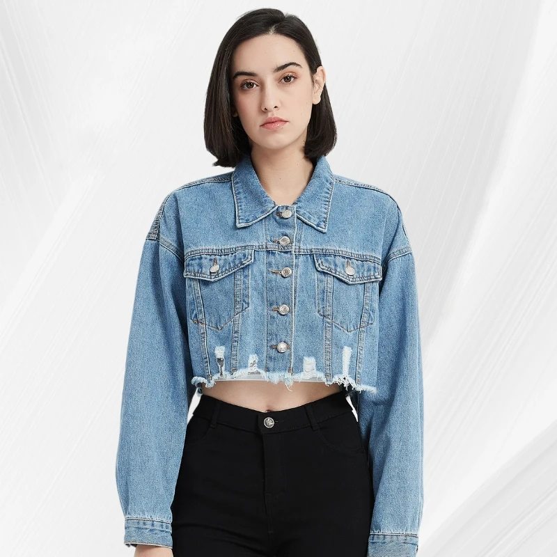 

Ripped Hem Ladies Crop Denim Jacket Button Up Fashion Jeans Jackets Women
