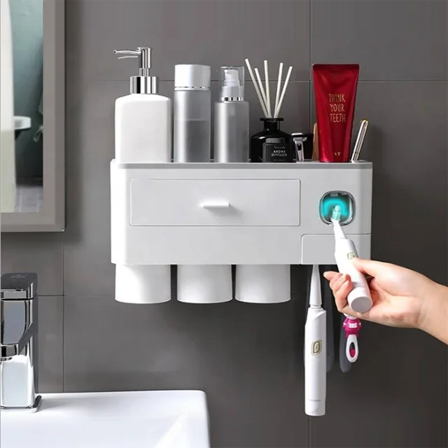

Bathroom Accessories Set Wall Mounted Organizer Small UV Stand Rack Toothpaste Dispenser Toothbrush Holder, Pink, sky blue, grey