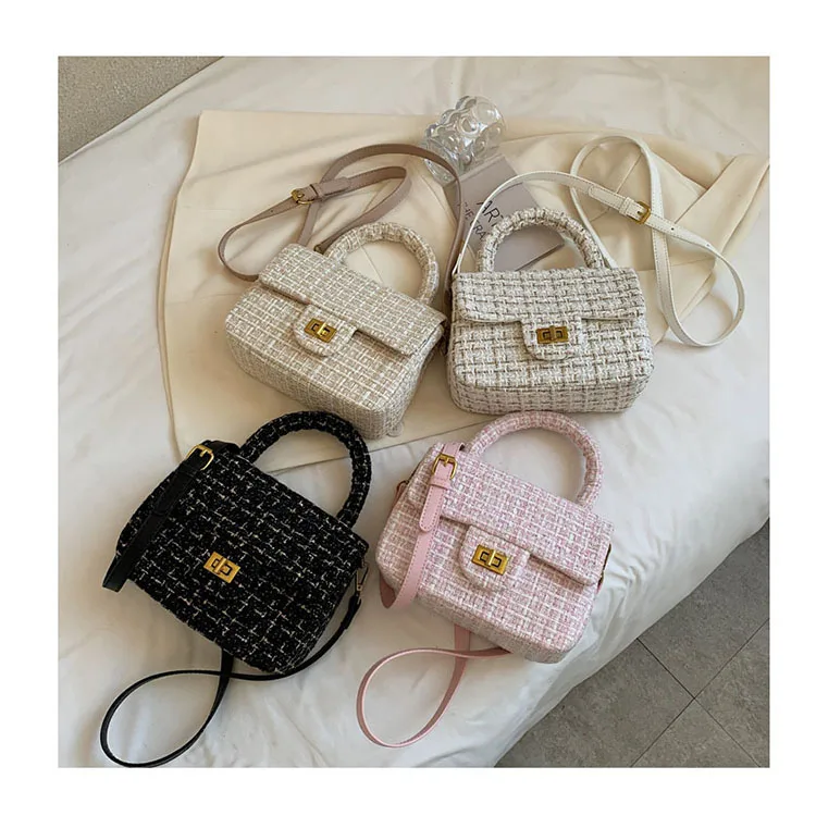 

Trendy Simple Tweed Shoulder Bags Fashion Weaving Woolen Cloth Shoulder Crossbody Bags Luxury Women Purses and Handbags