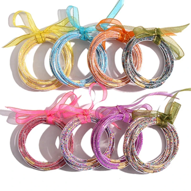 

Summer New 5 pieces sets Multilayer Wristband bangle glitter filled jelly bangle bracelets, Mix colors