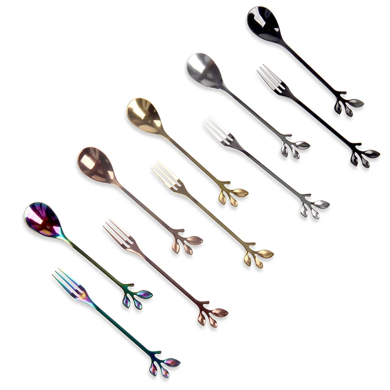 

Reusable stainless steel cutlery custom gift box creative coffee stirring leaf spoon fruit fork moon cake fork wedding gift, Five colors available