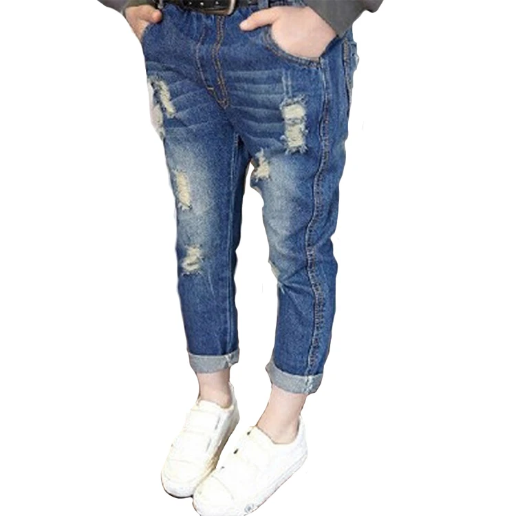 

Kid Faded Effect Elastic Waist Jeans Fashion Pants with Ripped Details Chic New Breathable OEM Service Full Length Midweight