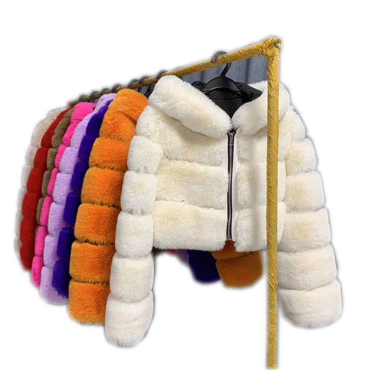 

Winter Faux Fur Hoodie Coat Motorcycle Fur Jacket Cropped Womens Faux Fur Coat, Customized color