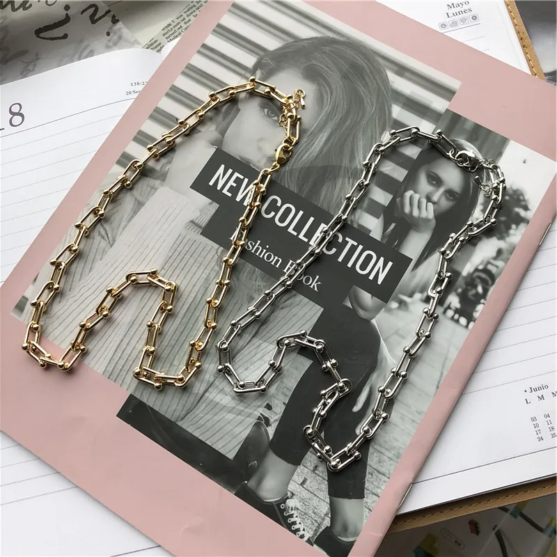 

Geometric square Link chain necklace luxury Hip hop Gold silver Elongated Women and men Fashion Popular Metallic Style jewelry, Gold ,silver color