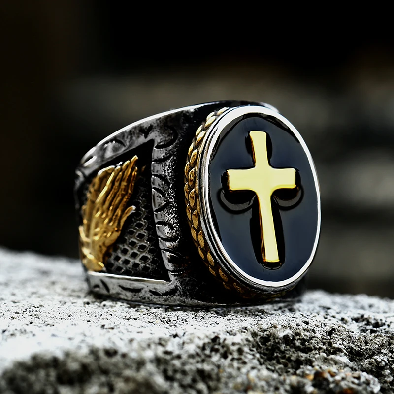 

SS8-960R Stainless Steel Praying Hands Cross Men's Ring Gold Color Buddhism Jewelry Gift Wholesale