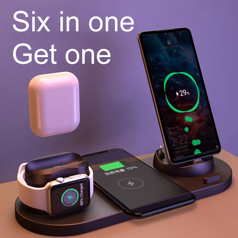 

6 in 1 Phone Qi Holder with Wireless Magnetic R2 Fast 15W Samsung Portable 10W Receiver Apple Airpod Wireless Charger station, White / black