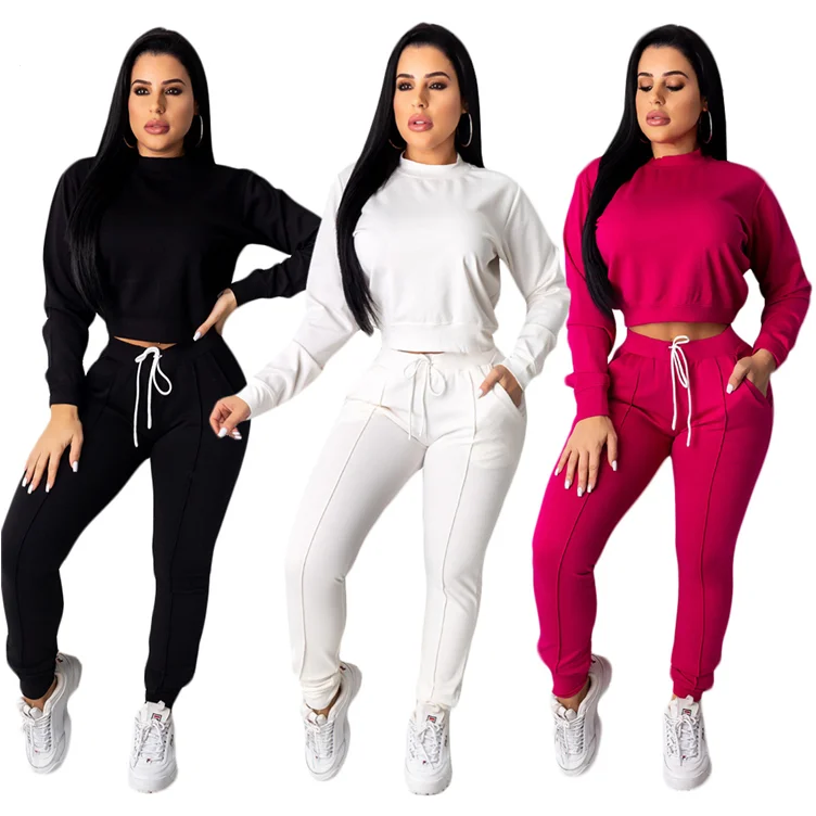 YH-T040   new leisure sports solid sleeve pullover short top drawstring long pants two piece women clothing set