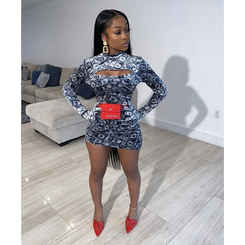 

Trendy Hollow Out Dollar Print Long Sleeve Ladies Sexy Club Dress