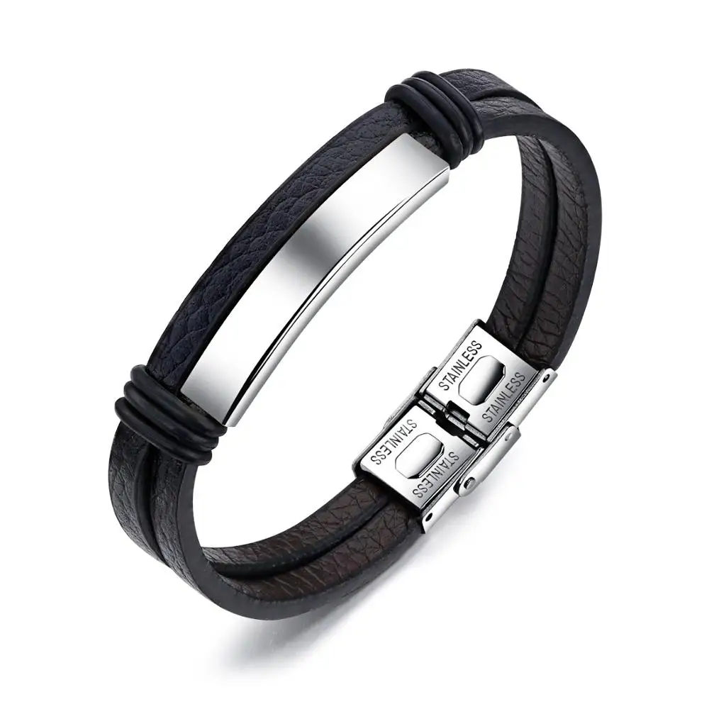 

Ruigang European High Quality Double Layer Pu Leather Bracelets Stainless Steel Buckle Bracelet Bangle For Men