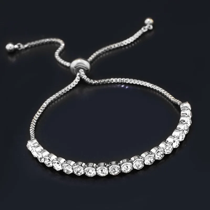 

White Round cut Crystal Wedding Jewelry Fashion Cubic Zirconia Tennis Adjustable Bracelet Bangle For Women, Silver