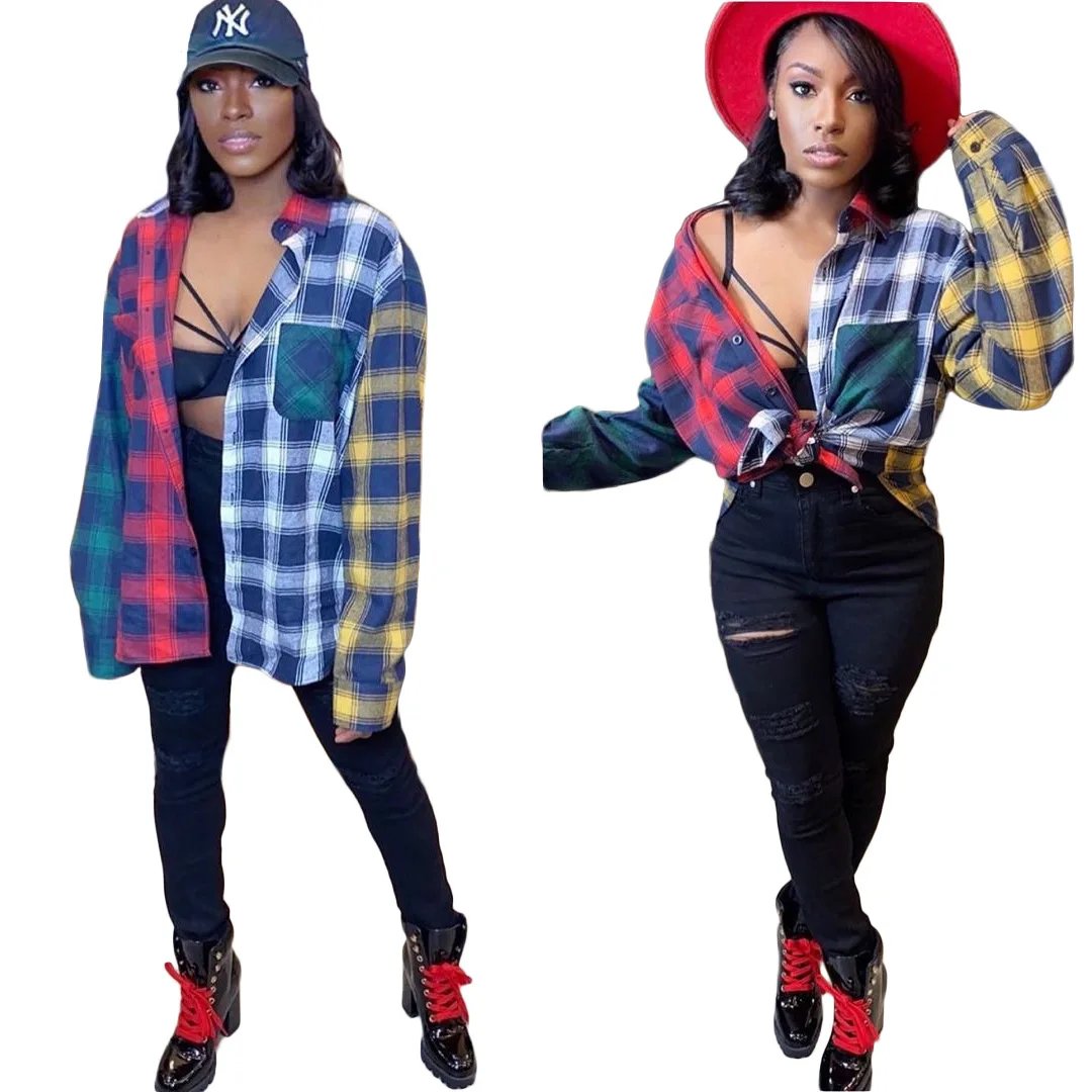 

Wholesale factory autumn fashion casual stitching plaid shirt female