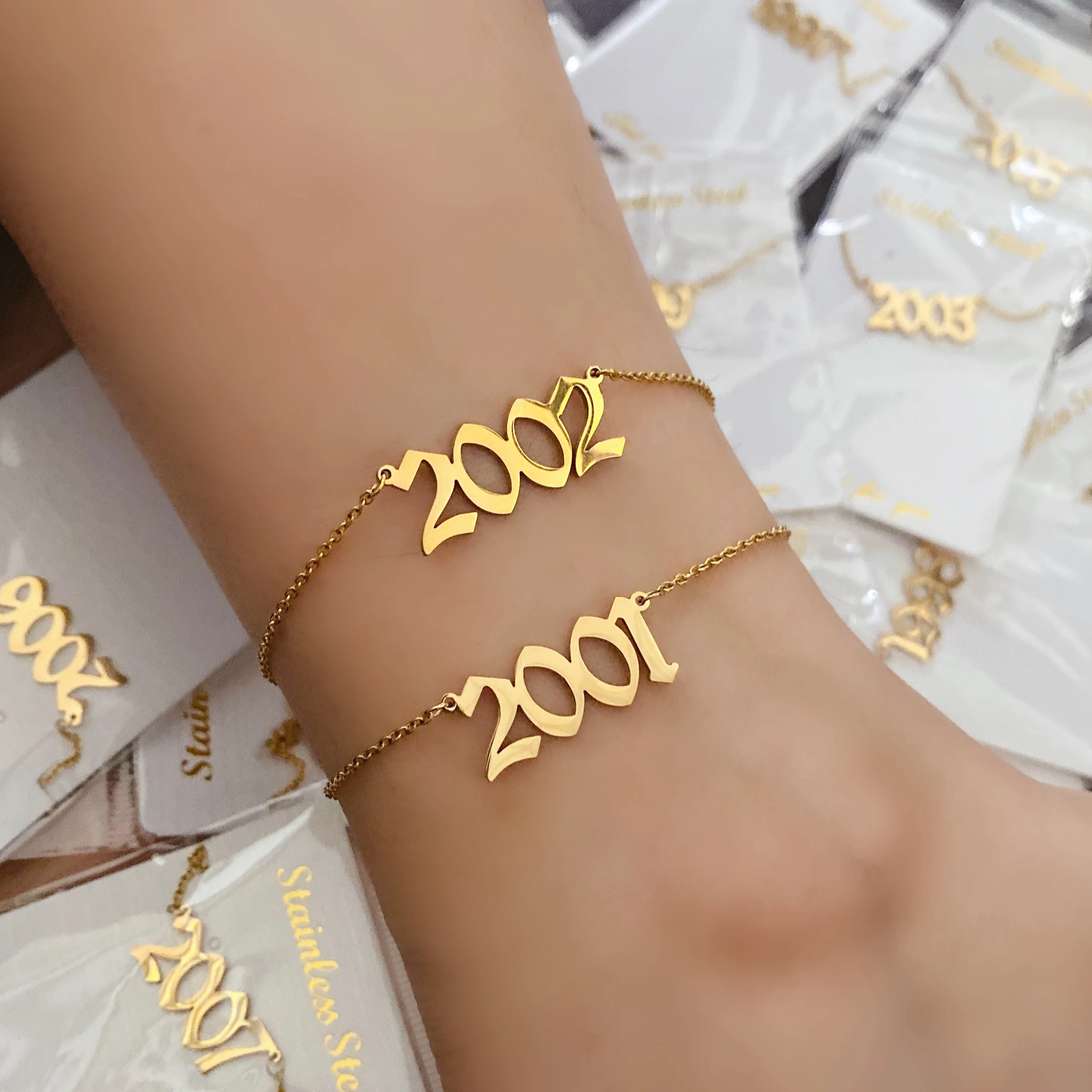 

1980-2020 tarnish free Personalized stainless steel Gold Old English Numbers Date Year Anklets, Picture