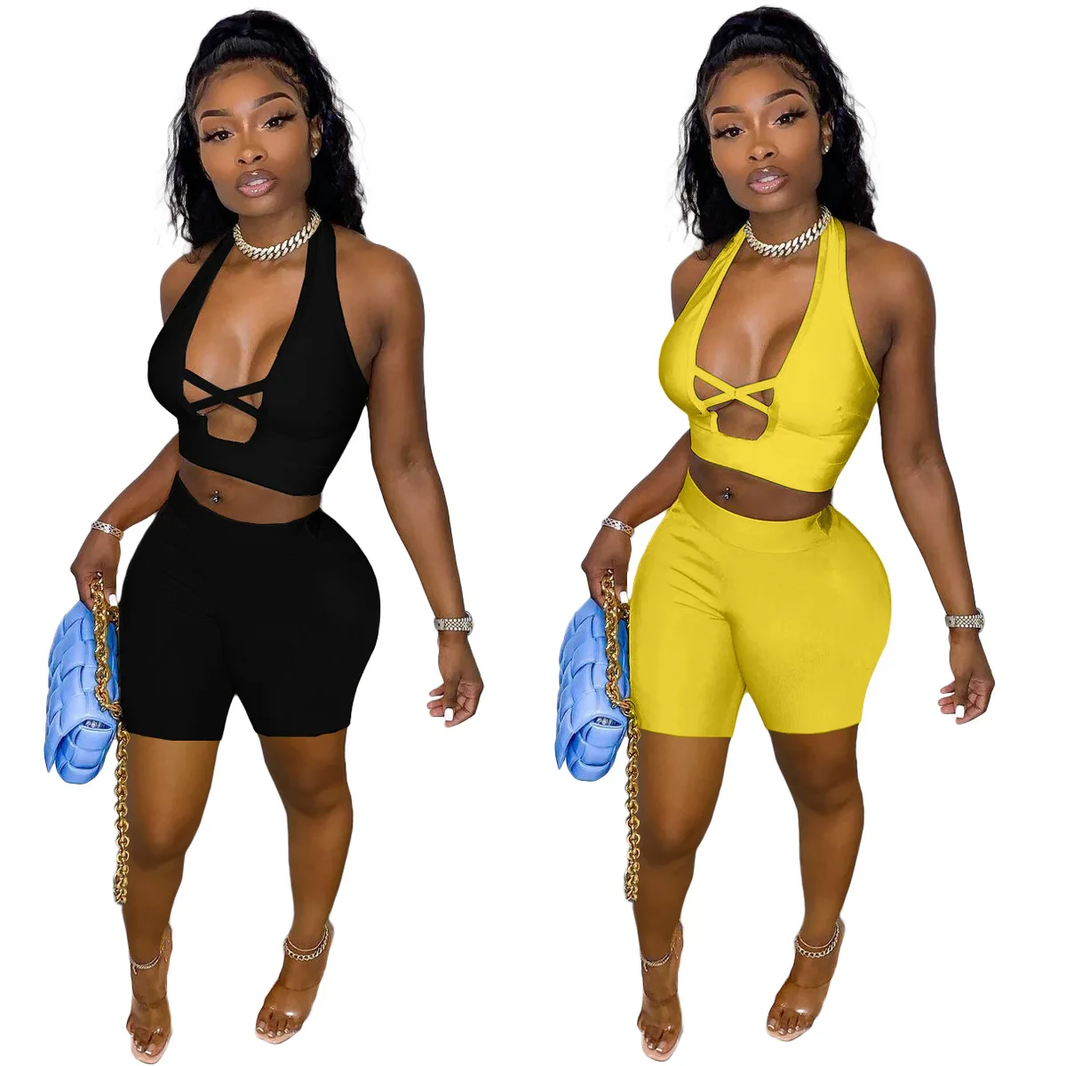 

2 Piece Set Club Outfits For Women Sexy Halter Crop Vest Short Pant Set, Yellow , black