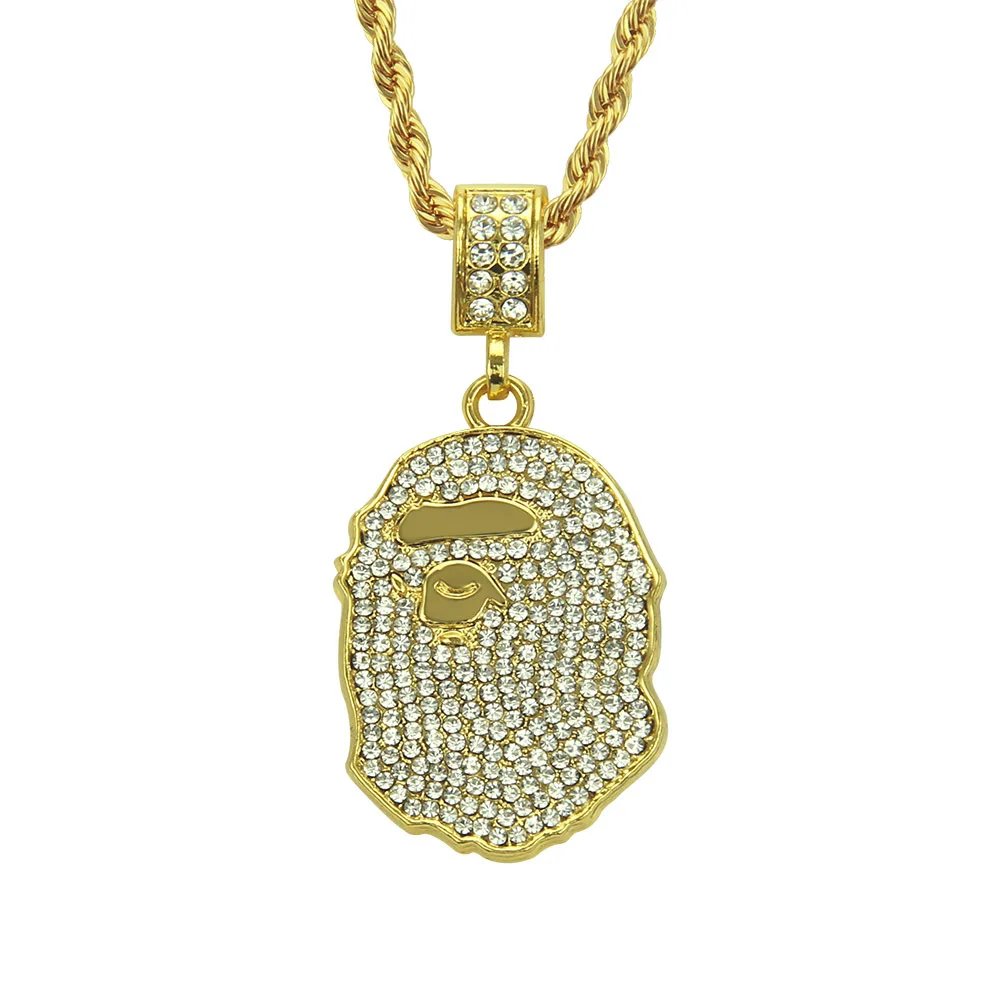 

Amazon new necklace hip-hop ape man head necklace fashion personality full diamond pendant necklace, Gold/silver