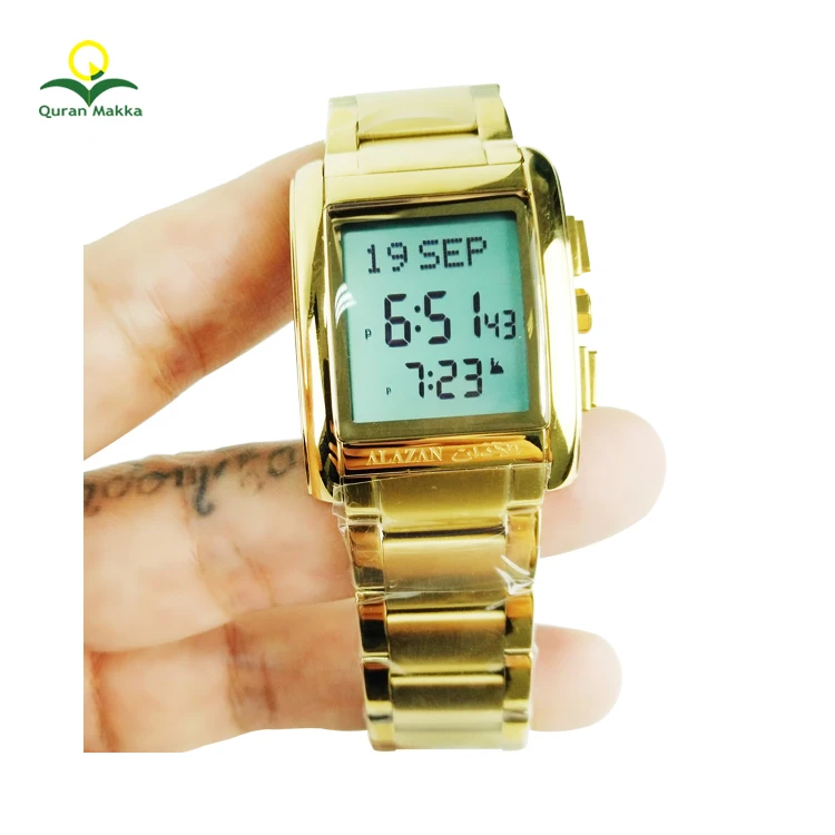 

ALAZAN High Quality Stainless Steel Islamic AZAN Time Muslim Watch, Gold color
