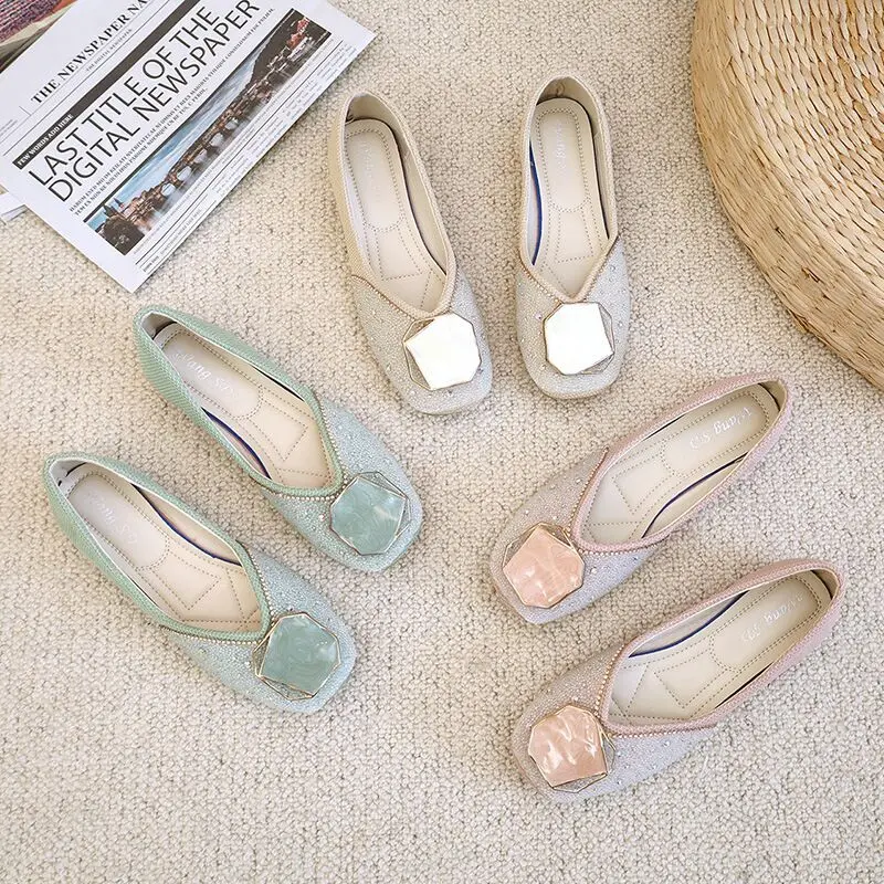 

Fashionable and comfortable flat casual single shoes soft sole square toe rhinestone flat shoes, Beige,pink,green
