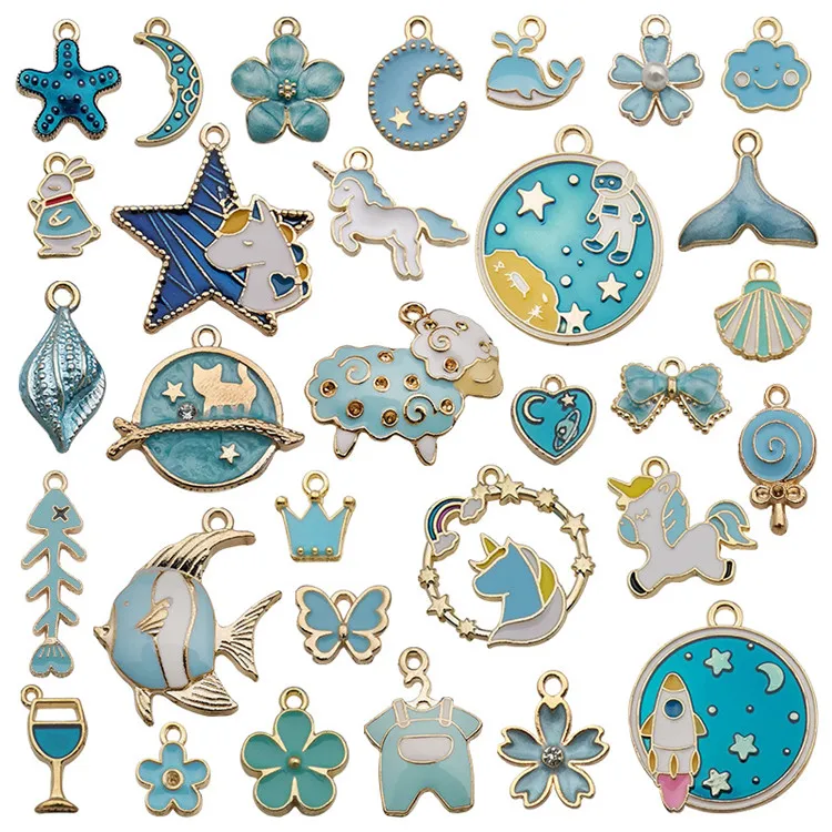 

31pcs/pk Fashion Blue DIY Accessories Charms Plating Mix Drip Metal Alloy for Jewelry Charms Pendant Accessories, Blue element