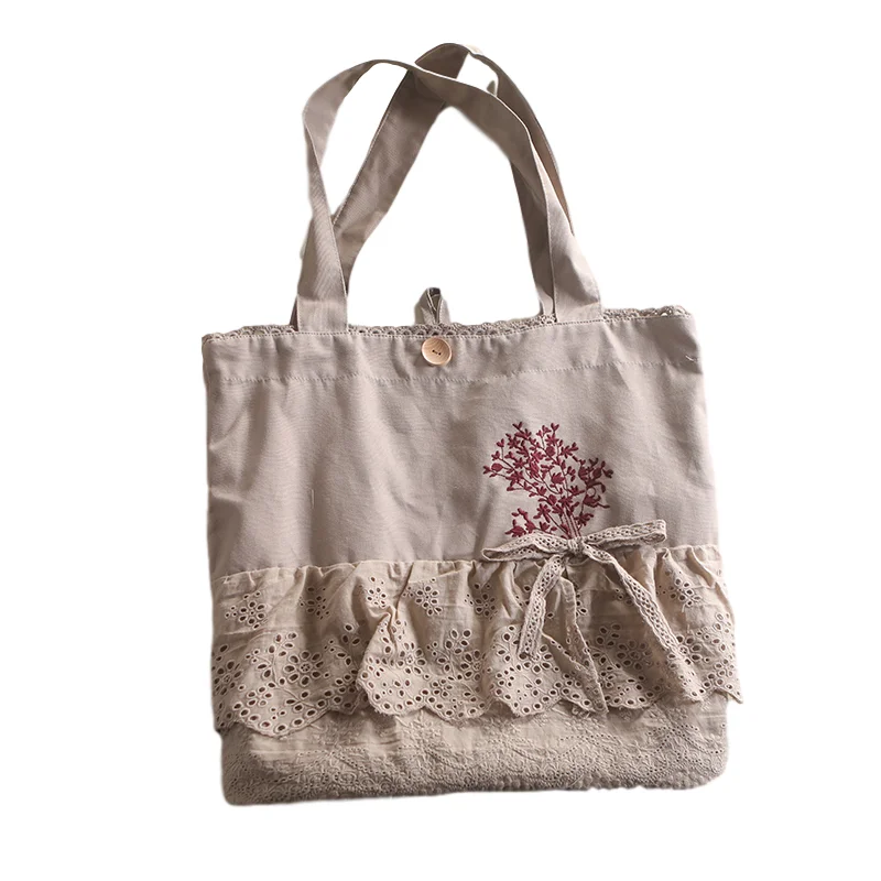 

Pastoral style eco-friendly cotton shopping totes with romantic lace drawstring bag closure