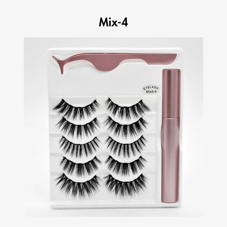 Wholesale 5 Pairs Lash Vendor Private Label Logo Natural 3d Mink  False Eyelashes With Magnetic Liquid Eyeliner Set Eyelashes
