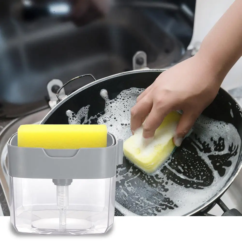 

2 IN 1 Soap Pump Dispenser Sponge Holder Manual Press Liquid Soap Pump Caddy with Washing Sponge for Kitchen Cleaner Tool