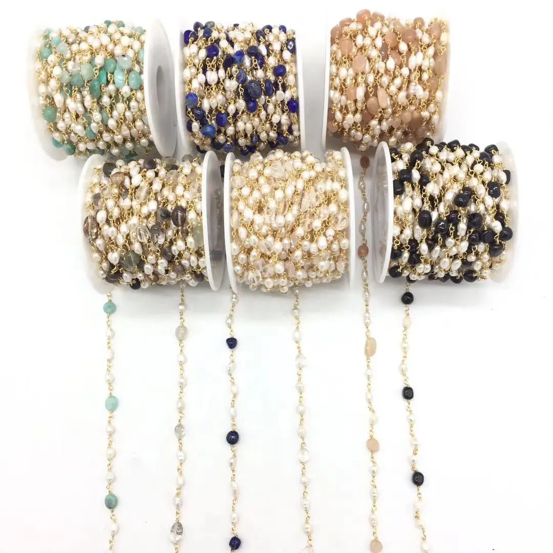 

LS-A2662 Multi gemstone and pearl rosary chain beads rosary chain for DIY necklace bracelet jewelry accessory making, Mixed color