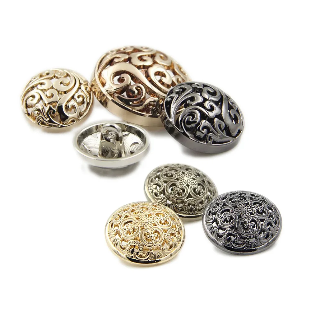 

fancy style hot sale silver gold gun metal plating color round shank hollow out metal coat buttons for ladies