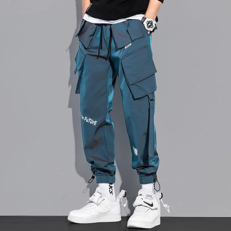 Fashion Streetwear Men Reflective Hip Hop Loose Cargo Pants Male Joggers Ribbon Men Harem Pants Male Trousers