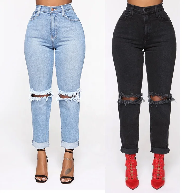 

Hot sale summer style denim thin ripped straight holes stretchless women jeans, Black/light blue