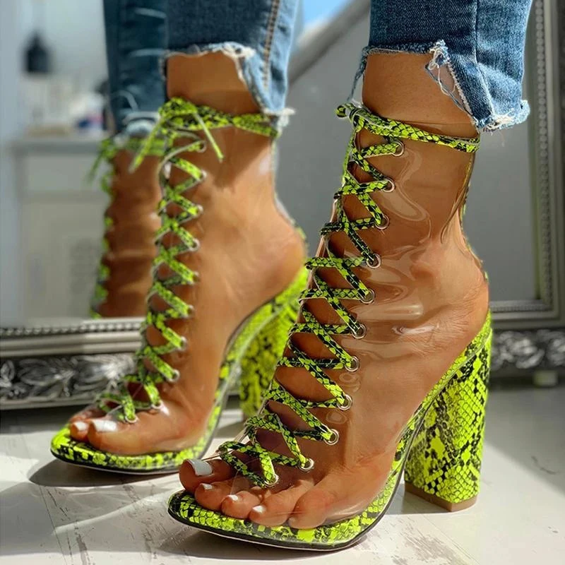 

BUSY GIRL AL8010 Low moq women's high heel laced up sandals with heels sandals for women with block high heel sandals, Neon green