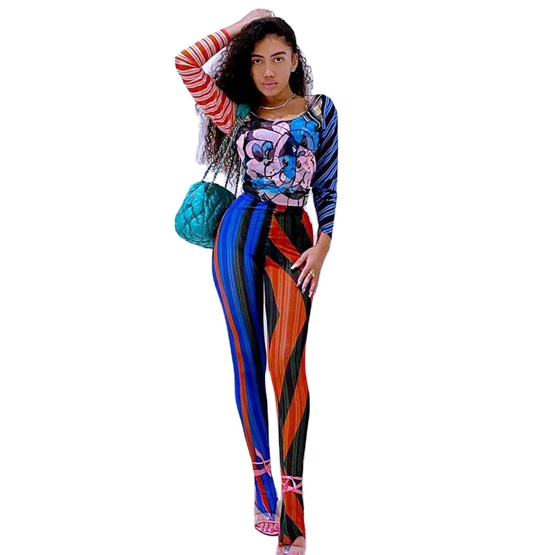 

J&H fashion Plus Size Fall 2021 rainbow stripes slim slim women with leggings Women Trousers Trendy Street Wear, 3 colors as picture