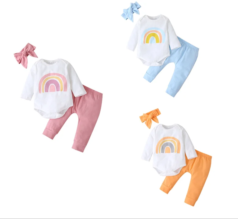 

New Autumn 2021 long sleeve romper trouser suit pure color rainbow print three pieces set baby girl clothes for wholesale, As pic shows, we can according to your request also