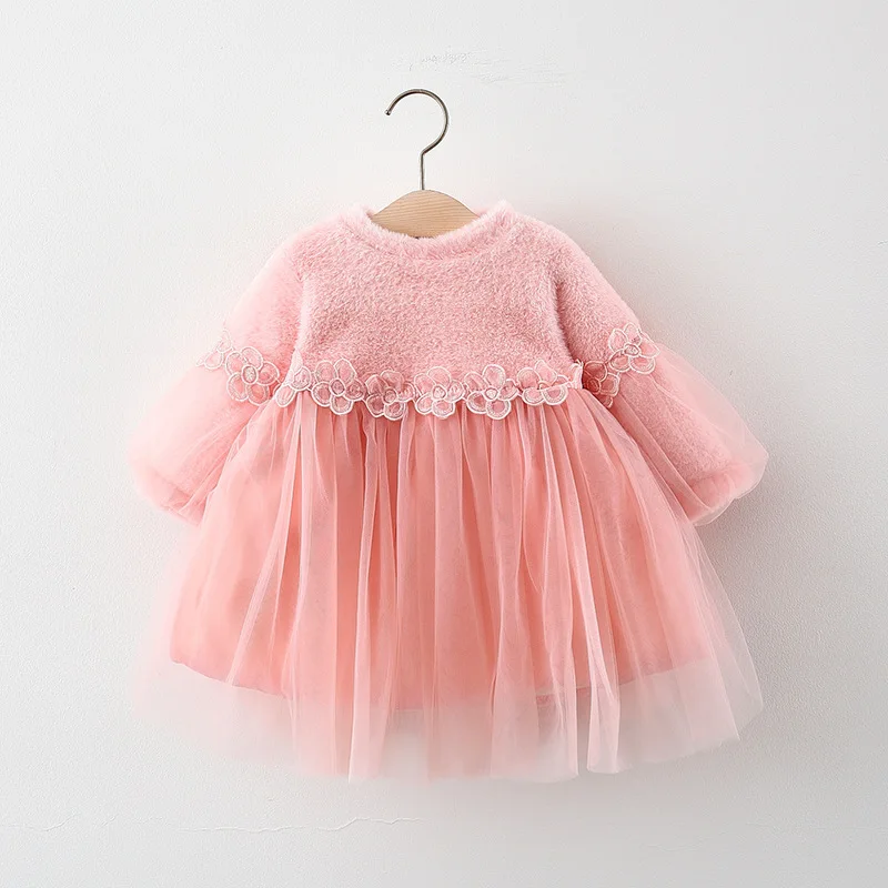 

B54046A 2020 Winter warm children dress little girls sweet puff sleeve mesh dress, Red/pink