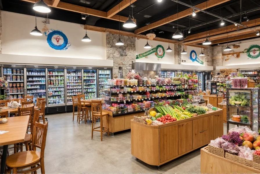 Interior view of Ginger Corner Market showing well-organized international food aisles with diverse customers shopping