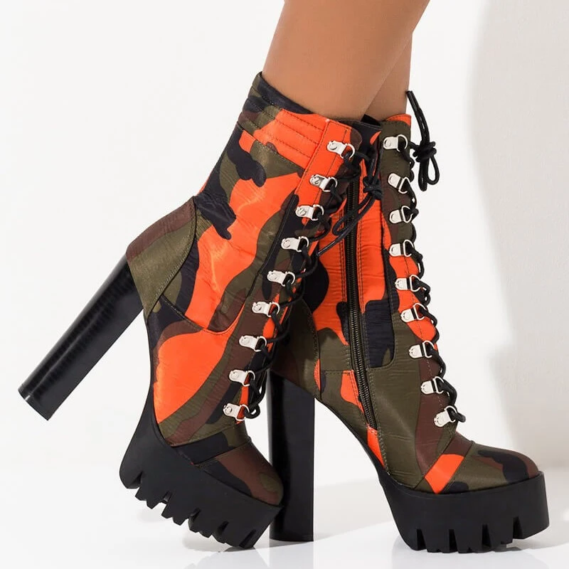 

WETKISS Factory Custom Women Shoes Thick High Heels Boots Sexy Camouflage Boots Med Calf Lace Up Platform Boots, Orange
