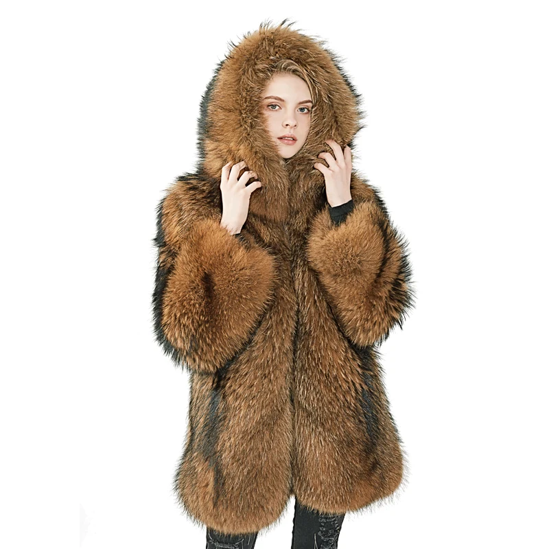 

Luxury Women Winter Whole skin Raccoon Big Hooded Fur Coat