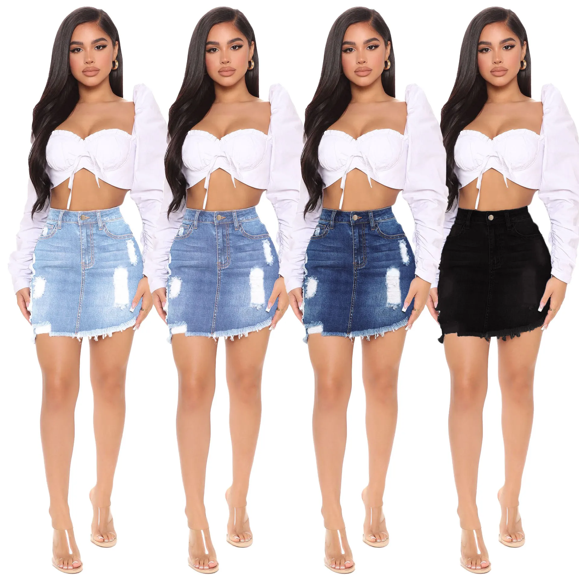 

Free Shipping R03040 - new style women ripped jeans skirt high waisted slim skirt buttocks